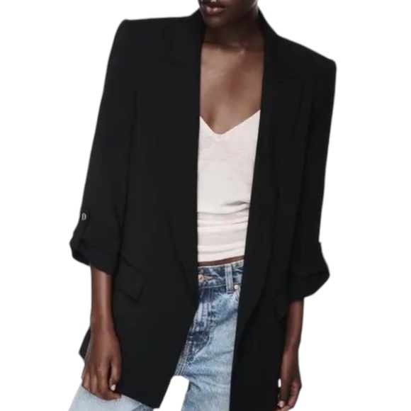 Zara Black Roll Button Sleeve Open Front Blazer Jacket - L - Picture 2 of 16